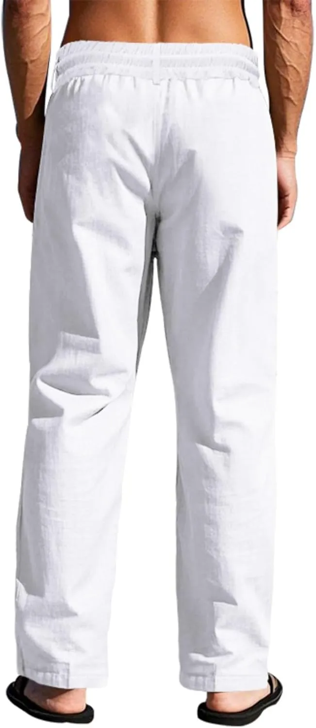 Finelylove Mens Linen Pants Elastic Waist Drawstring Lightweight Casual Pants Relaxed Fit Summer Beach Lounge Travel Trousers