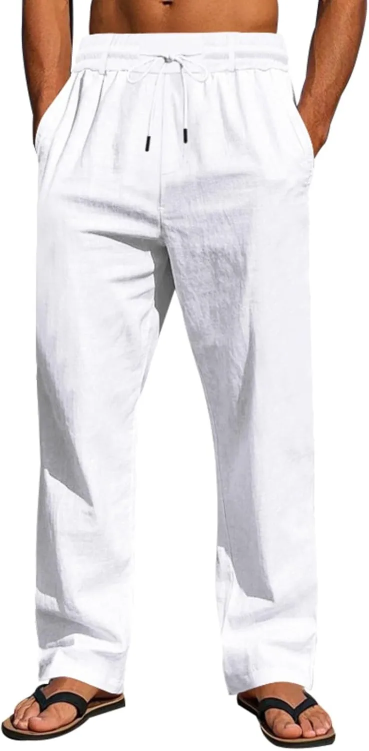 Finelylove Mens Linen Pants Elastic Waist Drawstring Lightweight Casual Pants Relaxed Fit Summer Beach Lounge Travel Trousers