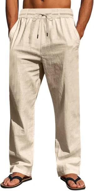 Finelylove Mens Linen Pants Elastic Waist Drawstring Lightweight Casual Pants Relaxed Fit Summer Beach Lounge Travel Trousers