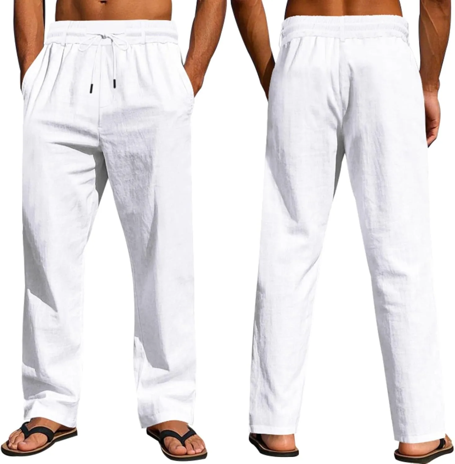 Finelylove Mens Linen Pants Elastic Waist Drawstring Lightweight Casual Pants Relaxed Fit Summer Beach Lounge Travel Trousers