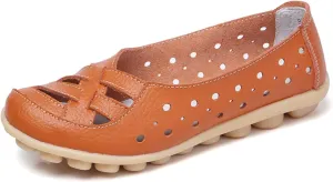 Flats for Women Comfort Loafers Breathable Closed Toe Sandals Leather Hollow Soft Summer Slip on Shoes Walking Office Driving Fashion Shoes