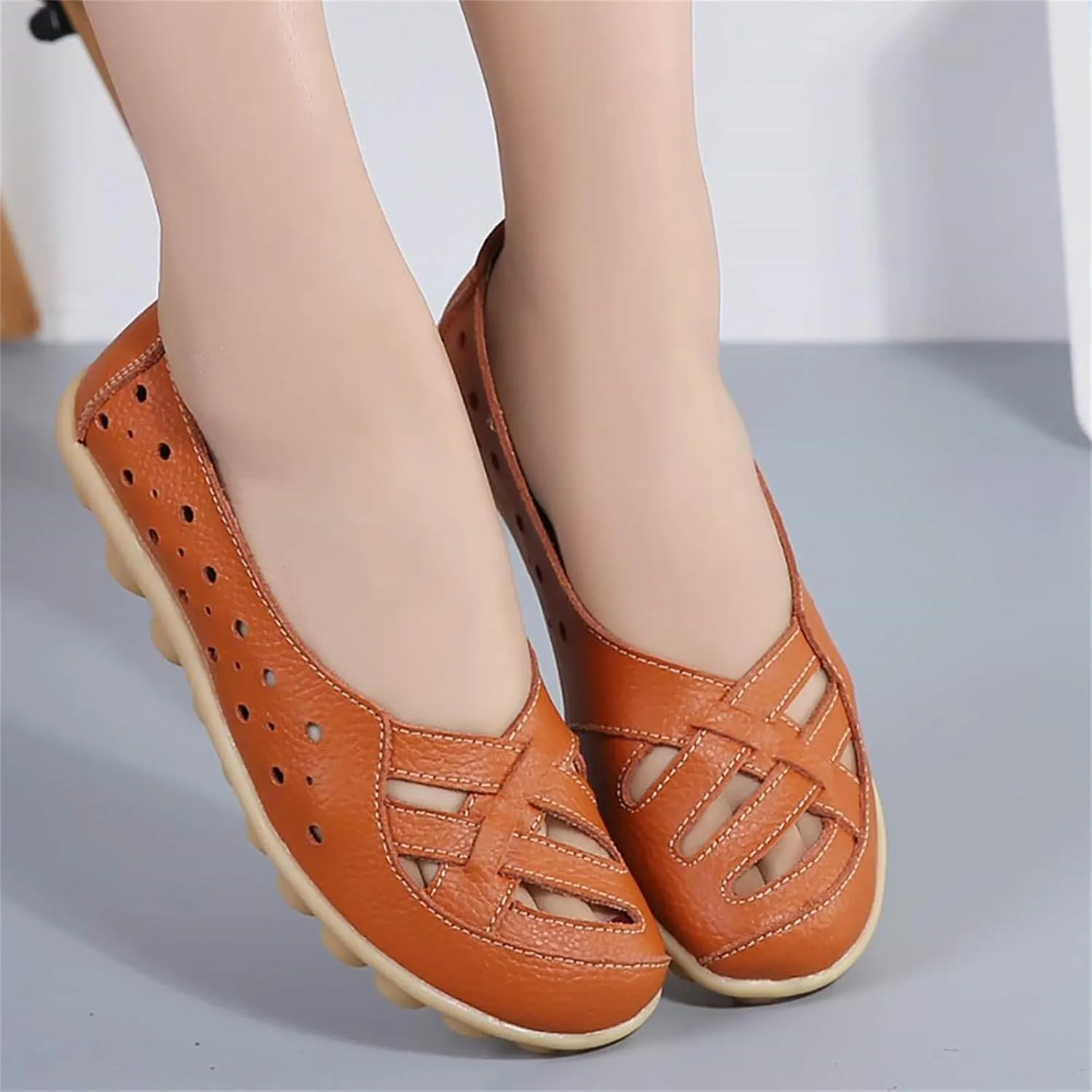Flats for Women Comfort Loafers Breathable Closed Toe Sandals Leather Hollow Soft Summer Slip on Shoes Walking Office Driving Fashion Shoes