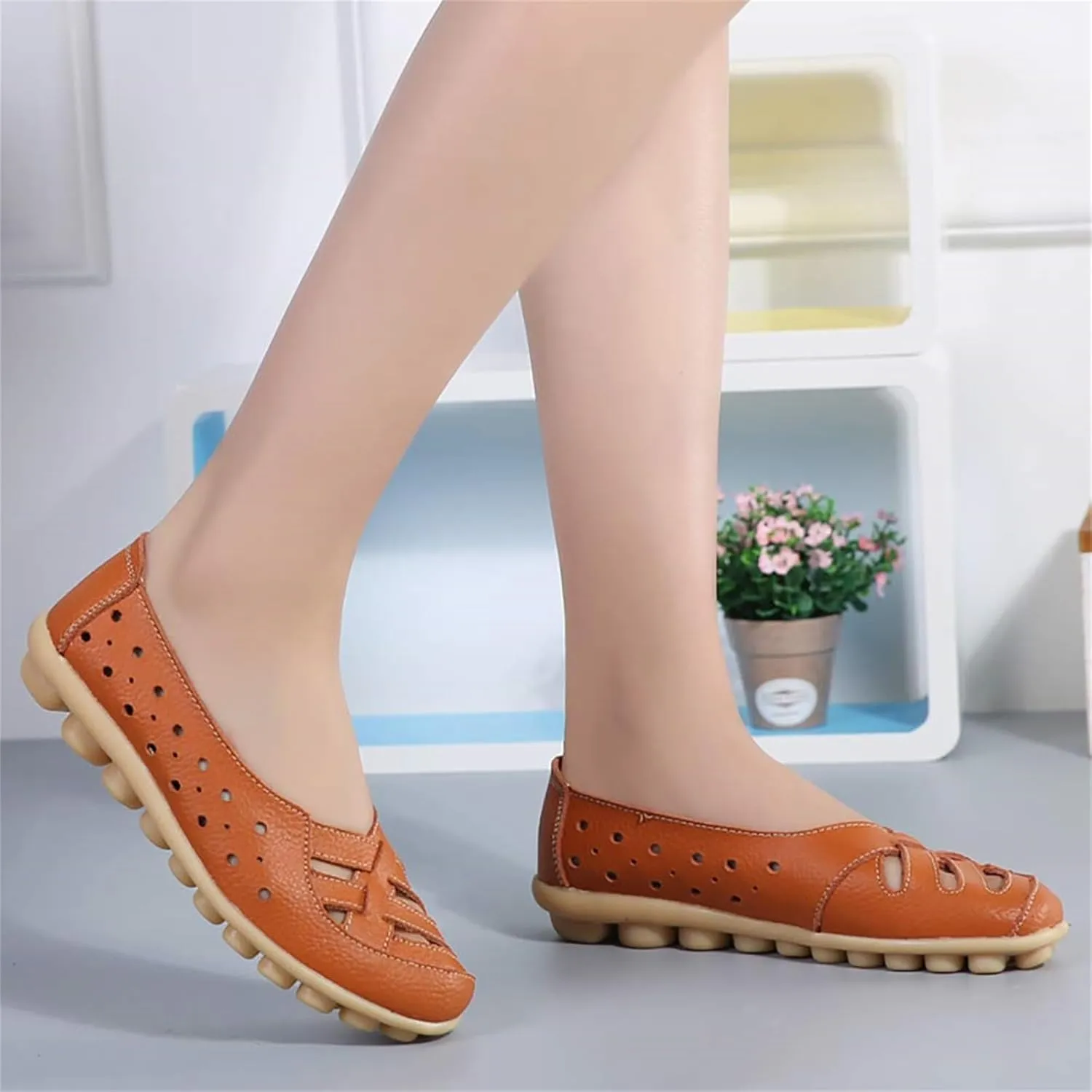 Flats for Women Comfort Loafers Breathable Closed Toe Sandals Leather Hollow Soft Summer Slip on Shoes Walking Office Driving Fashion Shoes
