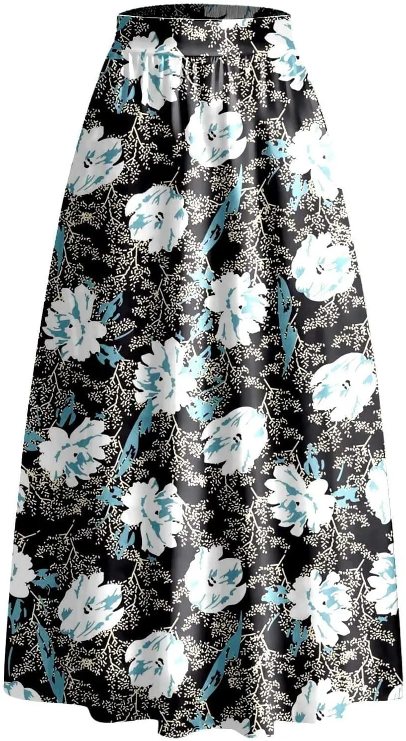 Floral Printed Maxi Skirts for Women High Waisted Long Skirts Boho Floor Length Flowy A Line Maxi Skirt with Pockets