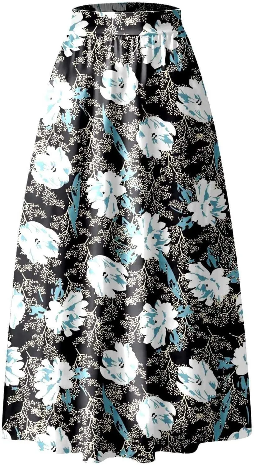 Floral Printed Maxi Skirts for Women High Waisted Long Skirts Boho Floor Length Flowy A Line Maxi Skirt with Pockets