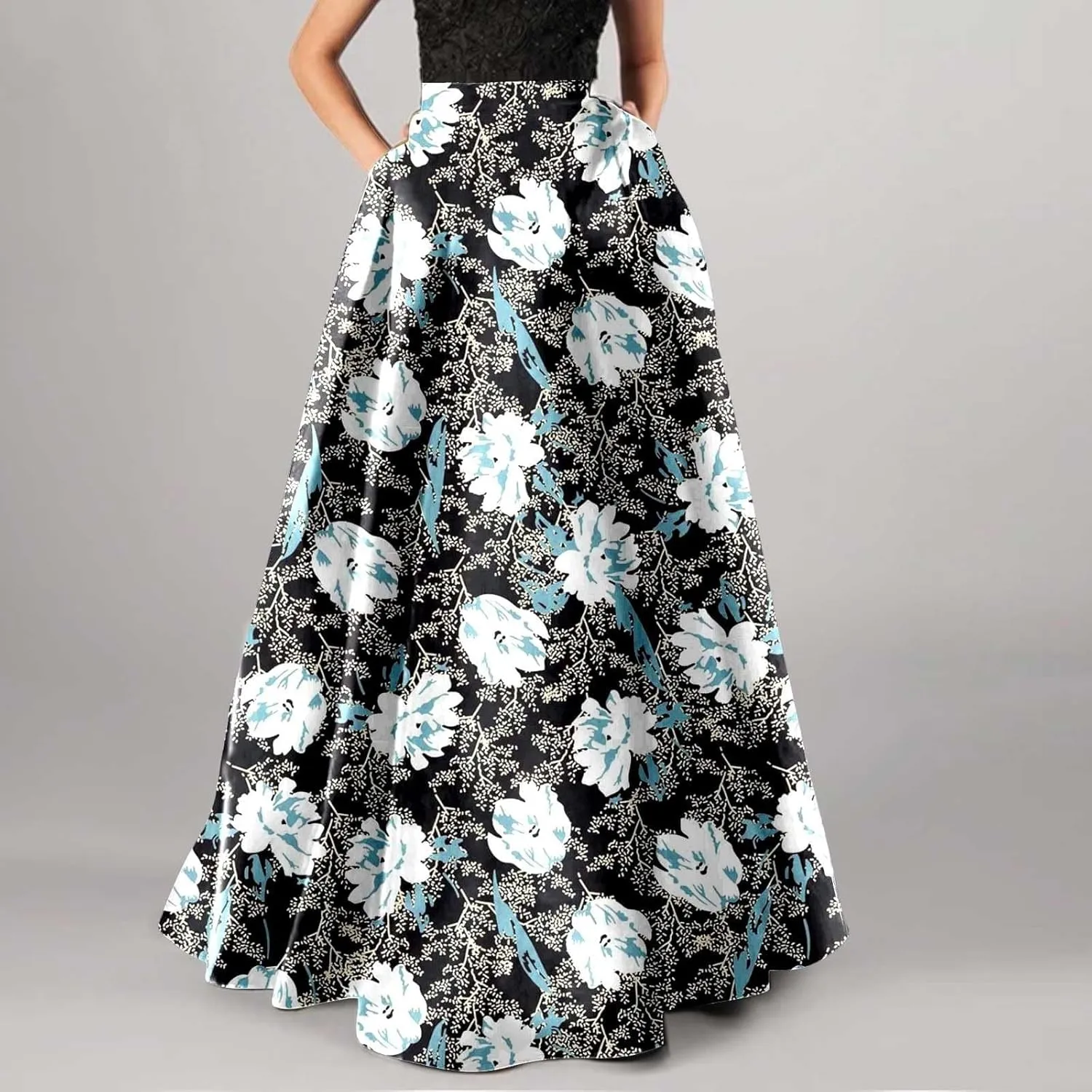 Floral Printed Maxi Skirts for Women High Waisted Long Skirts Boho Floor Length Flowy A Line Maxi Skirt with Pockets