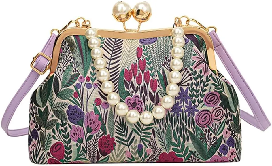 Flower Shell Bag Crossbody Purse for Women Vintage Kiss Lock Evening Clutch Shoulder Handbag Summer Pearl Tote Bag Purse