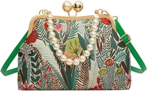 Flower Shell Bag Crossbody Purse for Women Vintage Kiss Lock Evening Clutch Shoulder Handbag Summer Pearl Tote Bag Purse