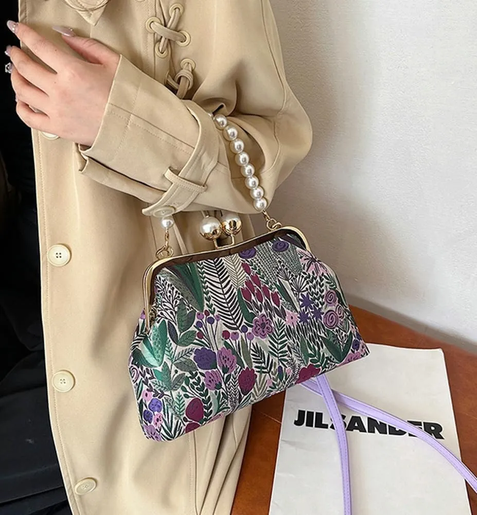 Flower Shell Bag Crossbody Purse for Women Vintage Kiss Lock Evening Clutch Shoulder Handbag Summer Pearl Tote Bag Purse