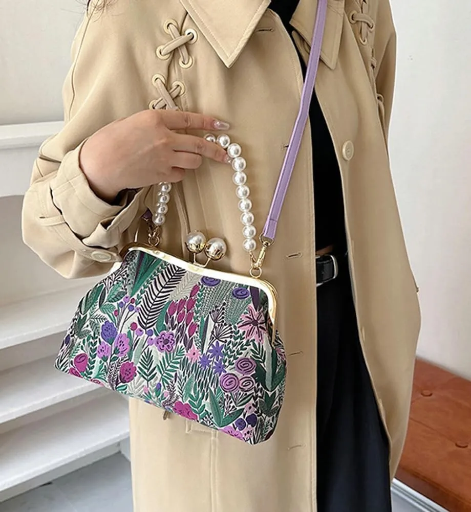 Flower Shell Bag Crossbody Purse for Women Vintage Kiss Lock Evening Clutch Shoulder Handbag Summer Pearl Tote Bag Purse
