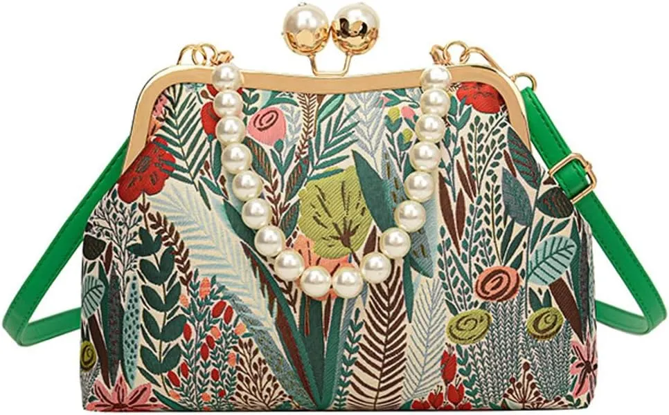 Flower Shell Bag Crossbody Purse for Women Vintage Kiss Lock Evening Clutch Shoulder Handbag Summer Pearl Tote Bag Purse