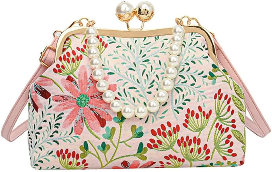 Flower Shell Bag Crossbody Purse for Women Vintage Kiss Lock Evening Clutch Shoulder Handbag Summer Pearl Tote Bag Purse