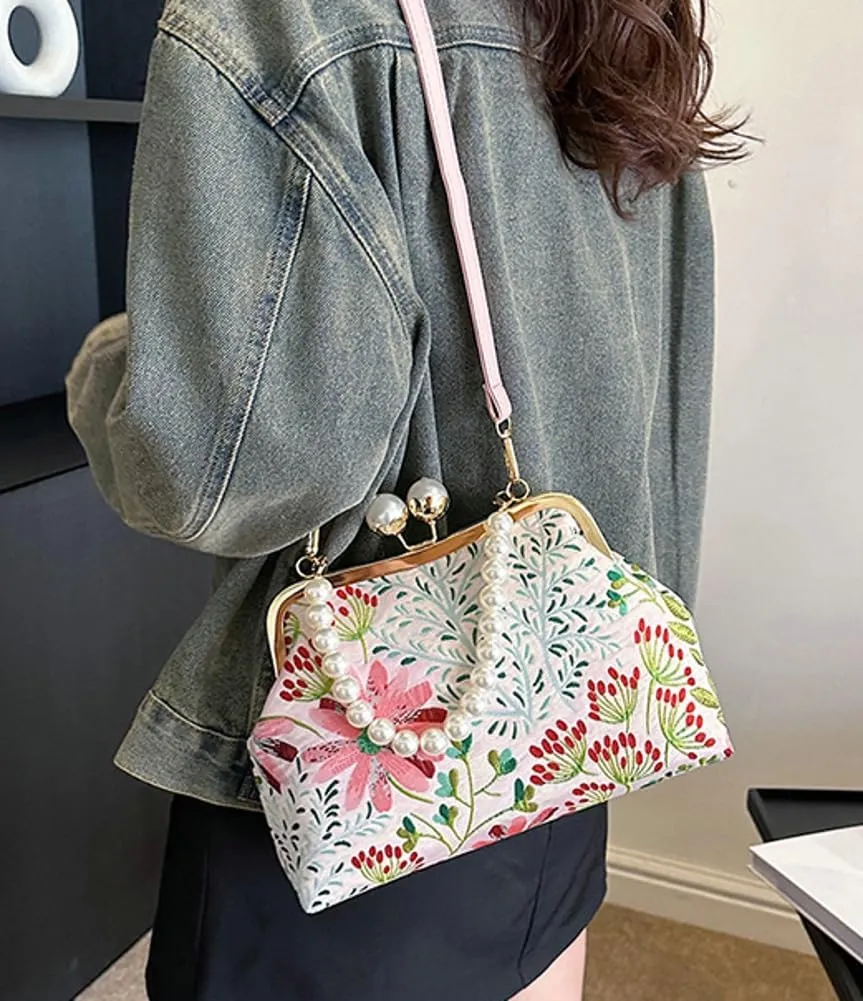 Flower Shell Bag Crossbody Purse for Women Vintage Kiss Lock Evening Clutch Shoulder Handbag Summer Pearl Tote Bag Purse