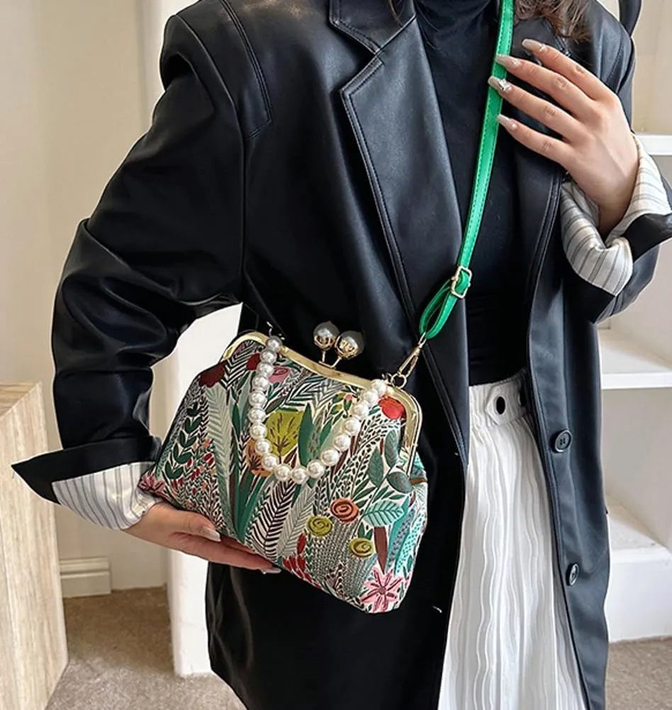 Flower Shell Bag Crossbody Purse for Women Vintage Kiss Lock Evening Clutch Shoulder Handbag Summer Pearl Tote Bag Purse