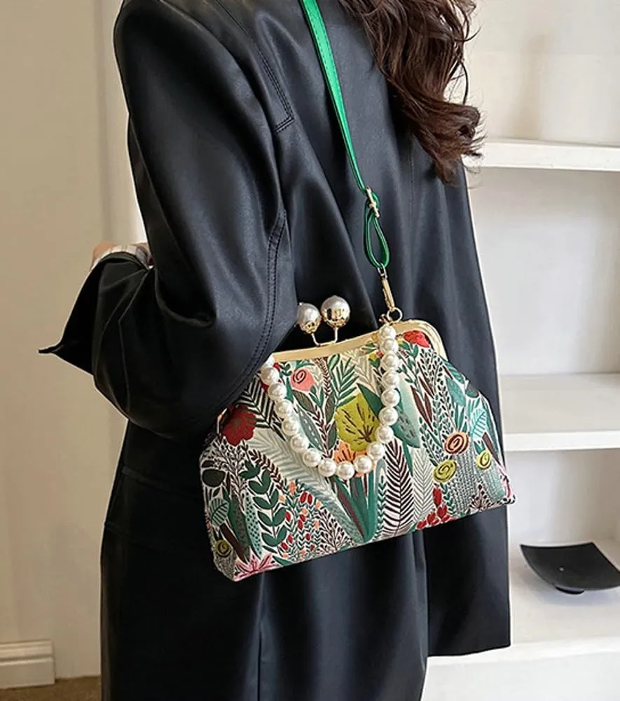 Flower Shell Bag Crossbody Purse for Women Vintage Kiss Lock Evening Clutch Shoulder Handbag Summer Pearl Tote Bag Purse