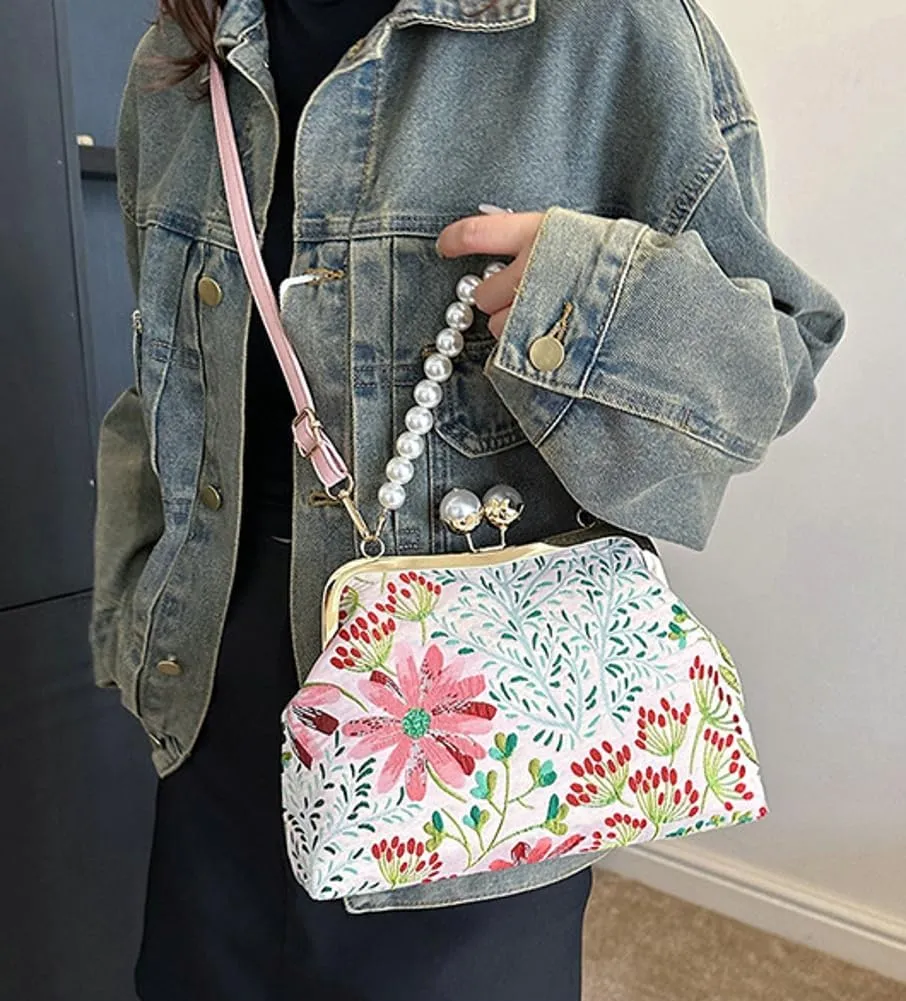 Flower Shell Bag Crossbody Purse for Women Vintage Kiss Lock Evening Clutch Shoulder Handbag Summer Pearl Tote Bag Purse