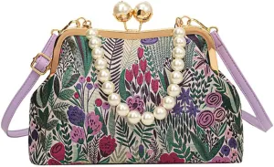 Flower Shell Bag Crossbody Purse for Women Vintage Kiss Lock Evening Clutch Shoulder Handbag Summer Pearl Tote Bag Purse