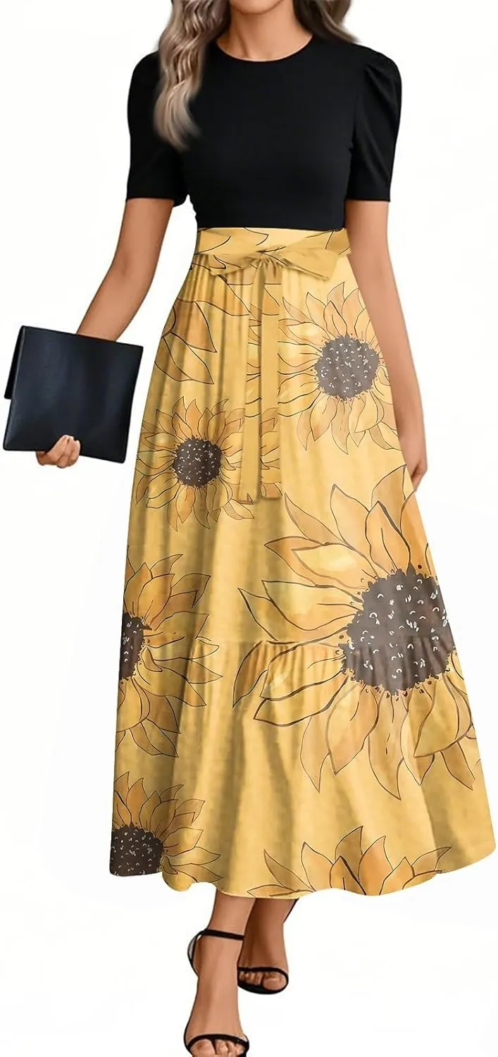 Flowy Bohemian Patchwork Beach Dress 2025 Elegant Floral Print Maxi Dress with Ruffle Hem