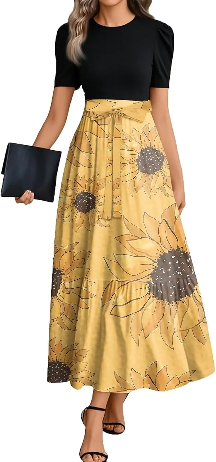 Flowy Bohemian Patchwork Beach Dress 2025 Elegant Floral Print Maxi Dress with Ruffle Hem