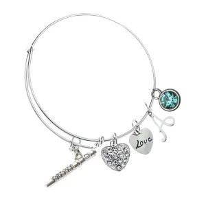 Flute Music Bracelet, Personalized Flute Love Birthstone, Initial Bangle Bracelet - Music Jewelry - Music Gift - Flute Player Jewelry -Music Lover Jewelry Gift for Flute Players