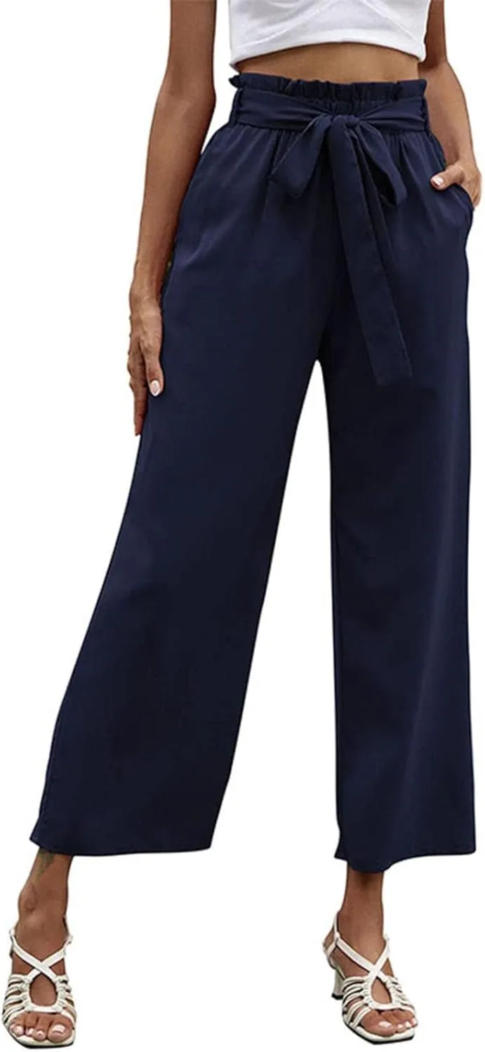 FZVYD Women's Summer Casual Pants Elastic Bow Tie High Waist Relaxed Fit Straight Wide Leg Business Trousers with Pockets