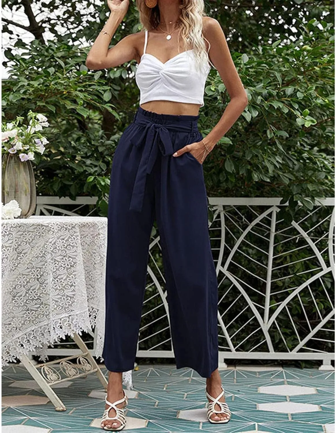 FZVYD Women's Summer Casual Pants Elastic Bow Tie High Waist Relaxed Fit Straight Wide Leg Business Trousers with Pockets