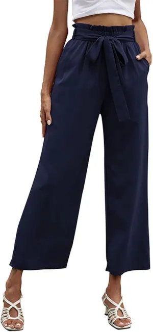 FZVYD Women's Summer Casual Pants Elastic Bow Tie High Waist Relaxed Fit Straight Wide Leg Business Trousers with Pockets