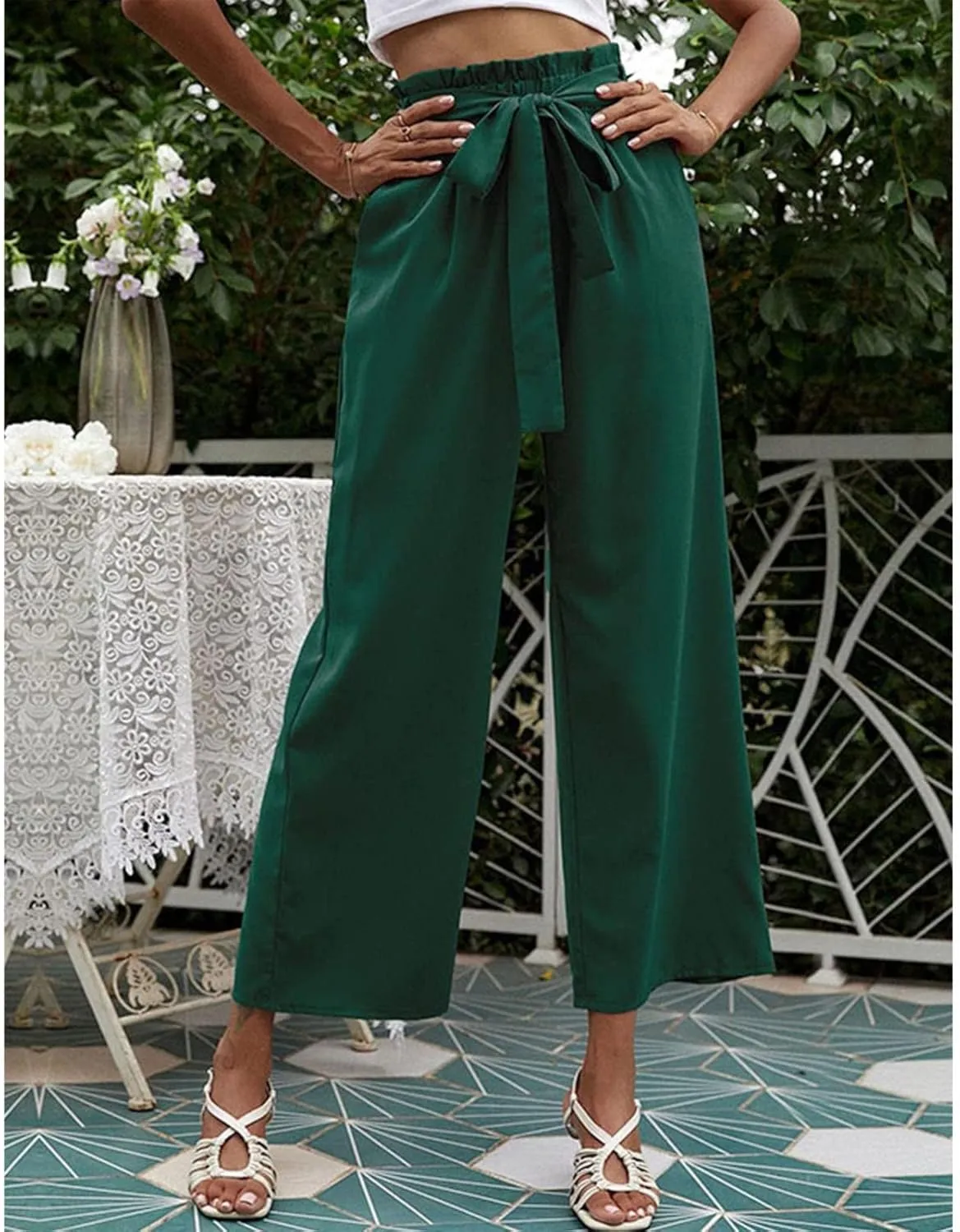 FZVYD Women's Summer Casual Pants Elastic Bow Tie High Waist Relaxed Fit Straight Wide Leg Business Trousers with Pockets
