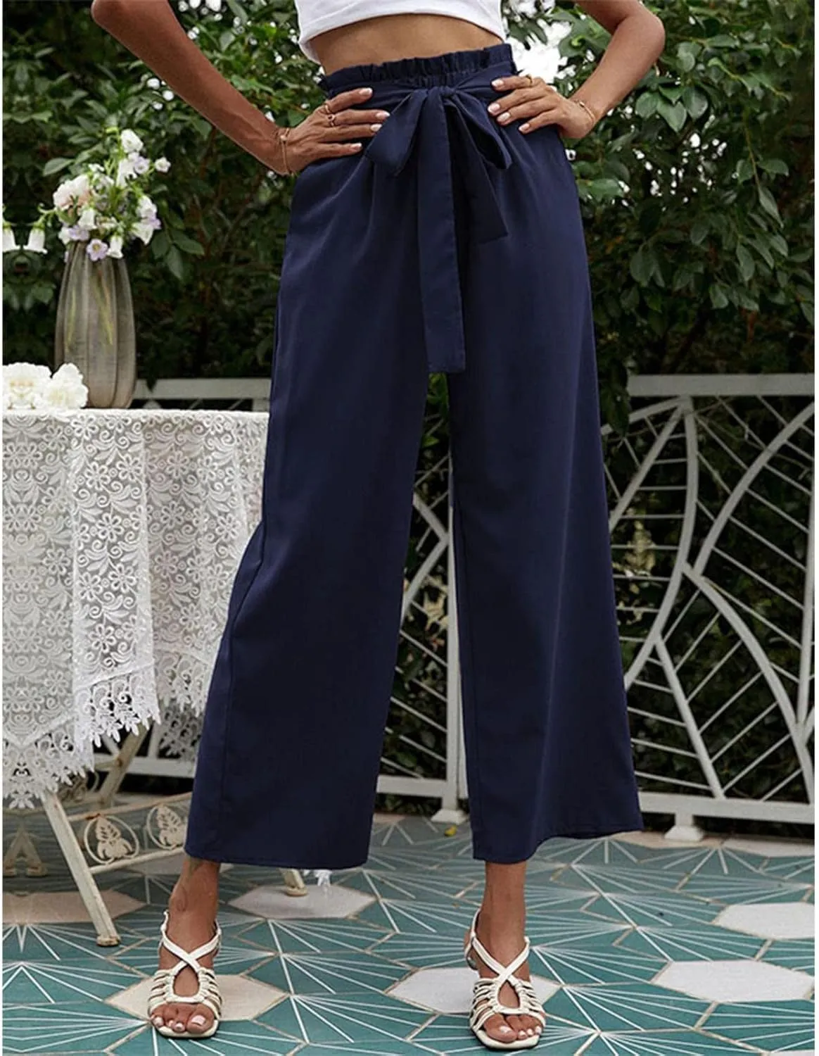 FZVYD Women's Summer Casual Pants Elastic Bow Tie High Waist Relaxed Fit Straight Wide Leg Business Trousers with Pockets