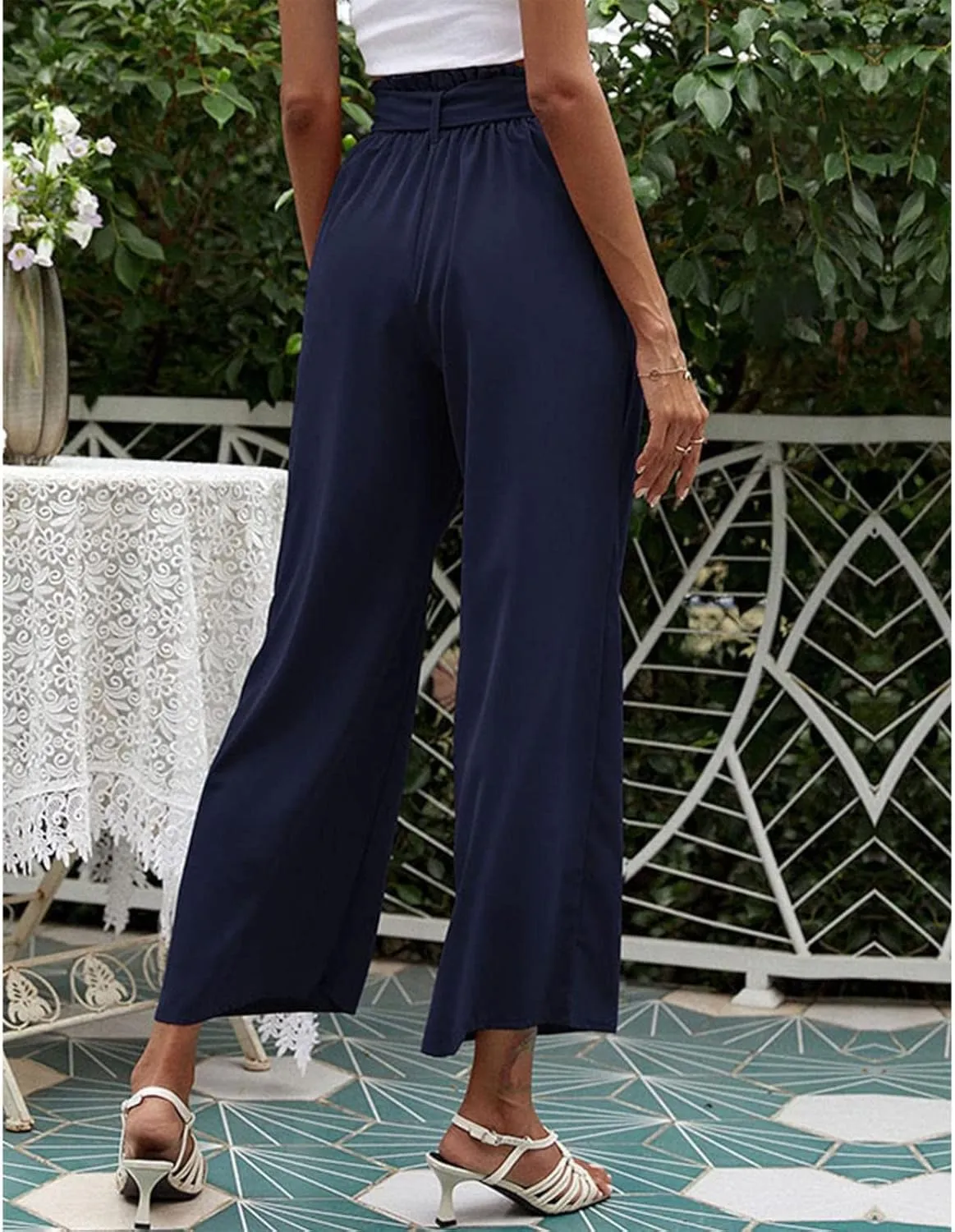 FZVYD Women's Summer Casual Pants Elastic Bow Tie High Waist Relaxed Fit Straight Wide Leg Business Trousers with Pockets