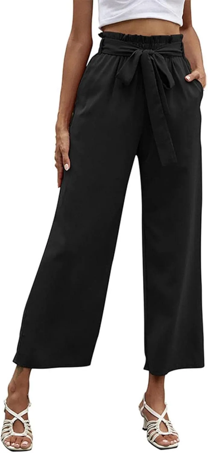 FZVYD Women's Summer Casual Pants Elastic Bow Tie High Waist Relaxed Fit Straight Wide Leg Business Trousers with Pockets