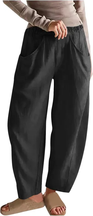 FZYLQY Womens Cotton Linen Wide Leg Pants with Pockets Drawstring Waist Casual Trousers for Relaxed Fit Summer Wear