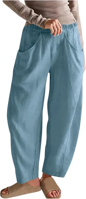 FZYLQY Womens Cotton Linen Wide Leg Pants with Pockets Drawstring Waist Casual Trousers for Relaxed Fit Summer Wear