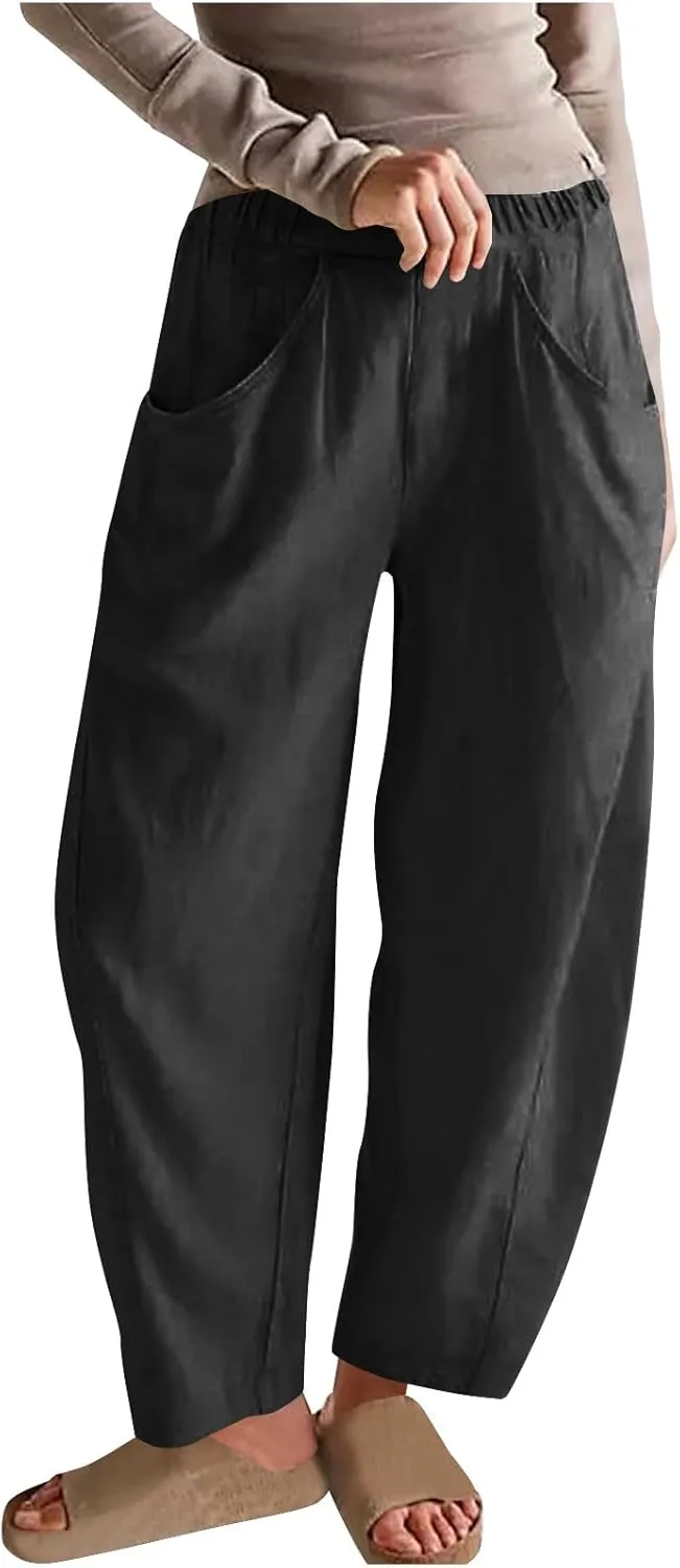 FZYLQY Womens Cotton Linen Wide Leg Pants with Pockets Drawstring Waist Casual Trousers for Relaxed Fit Summer Wear