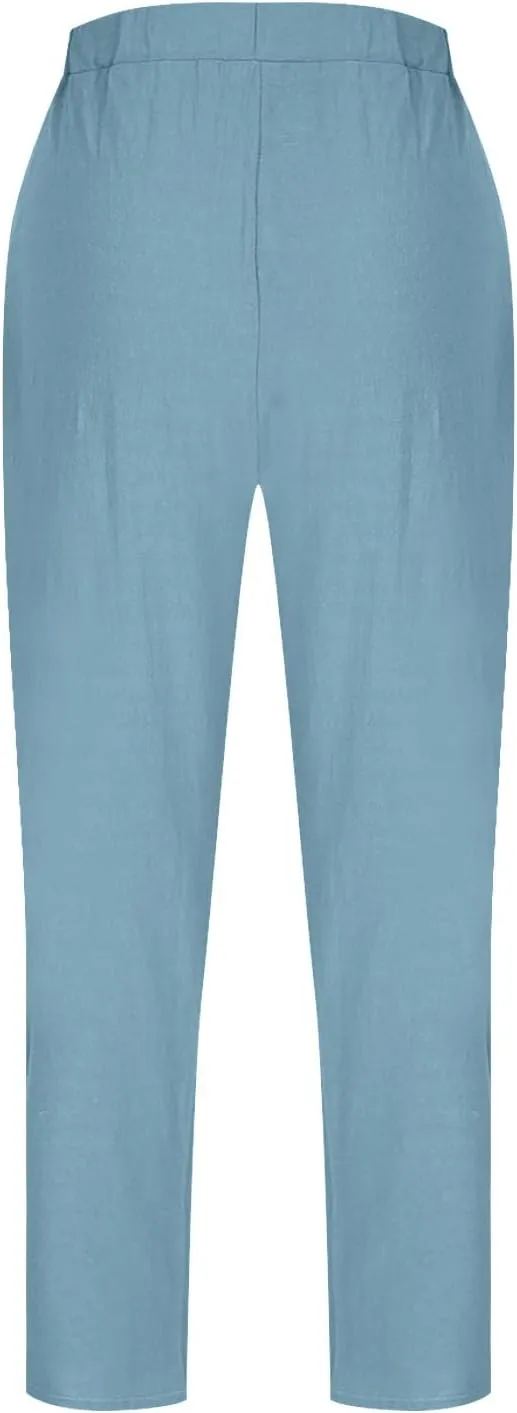 FZYLQY Womens Cotton Linen Wide Leg Pants with Pockets Drawstring Waist Casual Trousers for Relaxed Fit Summer Wear