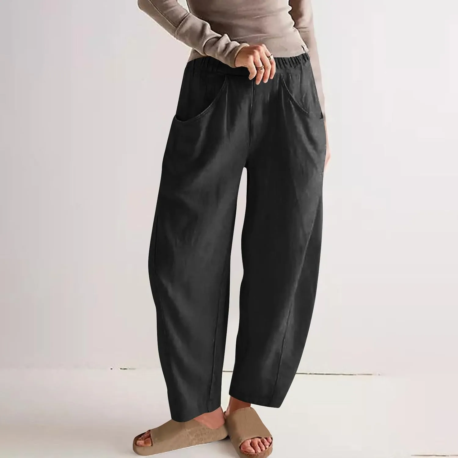 FZYLQY Womens Cotton Linen Wide Leg Pants with Pockets Drawstring Waist Casual Trousers for Relaxed Fit Summer Wear