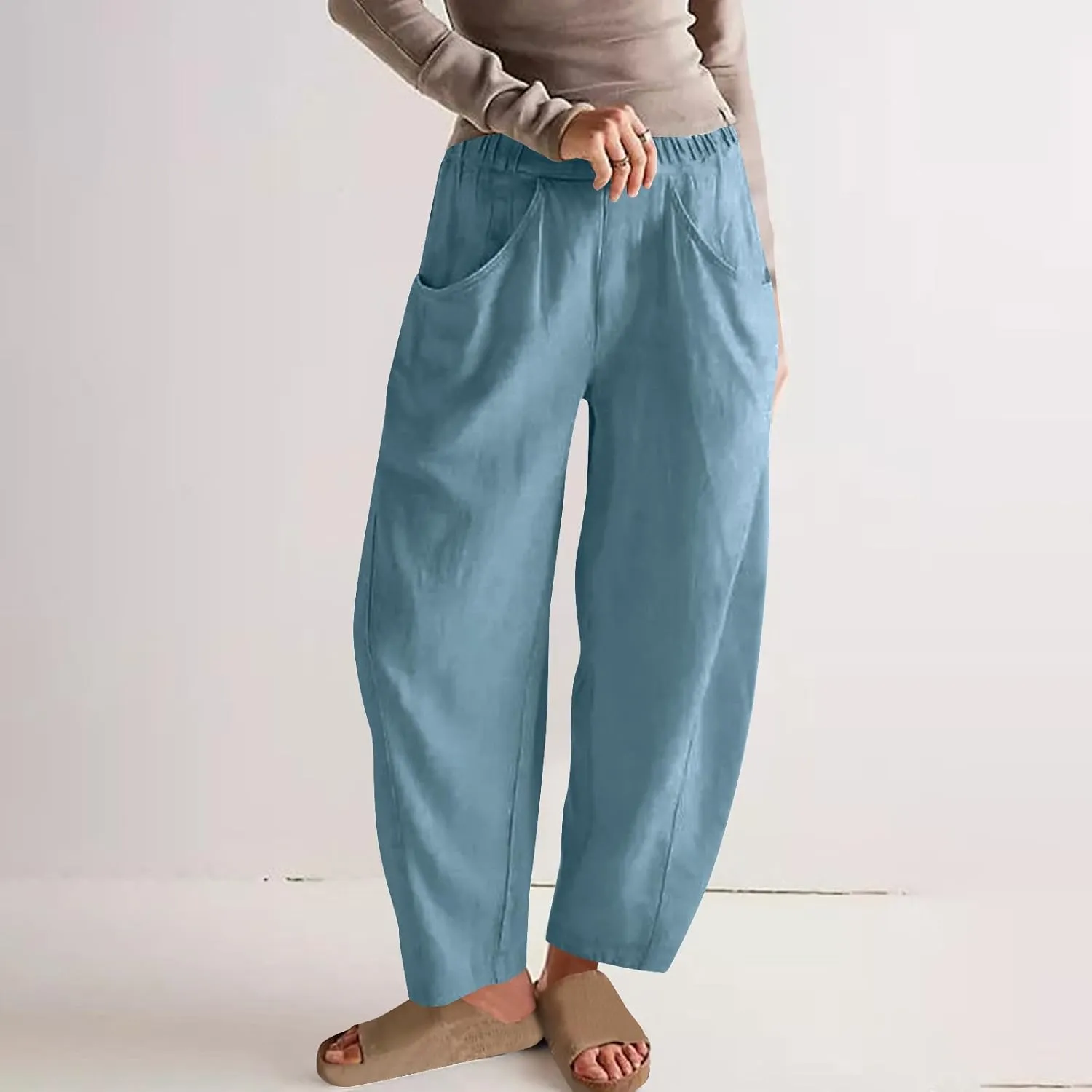 FZYLQY Womens Cotton Linen Wide Leg Pants with Pockets Drawstring Waist Casual Trousers for Relaxed Fit Summer Wear