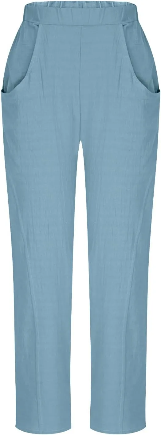 FZYLQY Womens Cotton Linen Wide Leg Pants with Pockets Drawstring Waist Casual Trousers for Relaxed Fit Summer Wear
