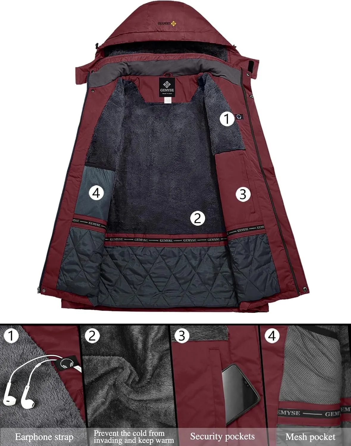 GEMYSE Women's Ski Snow Jacket Warm Winter Waterproof Coat Snowboard Rain Jacket Hooded Windproof Windbreaker