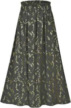 Gienergy Yellow Leaf Floral Pleated Midi Skirt Women's Elastic High Waist Side Pocket Skirt Summer Women's Bottoming Skirt