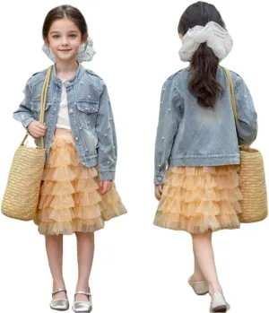 Girls' Classic Pearls Denim Jackets Kids Button Down Jeans Jacket Top Coat Outwear