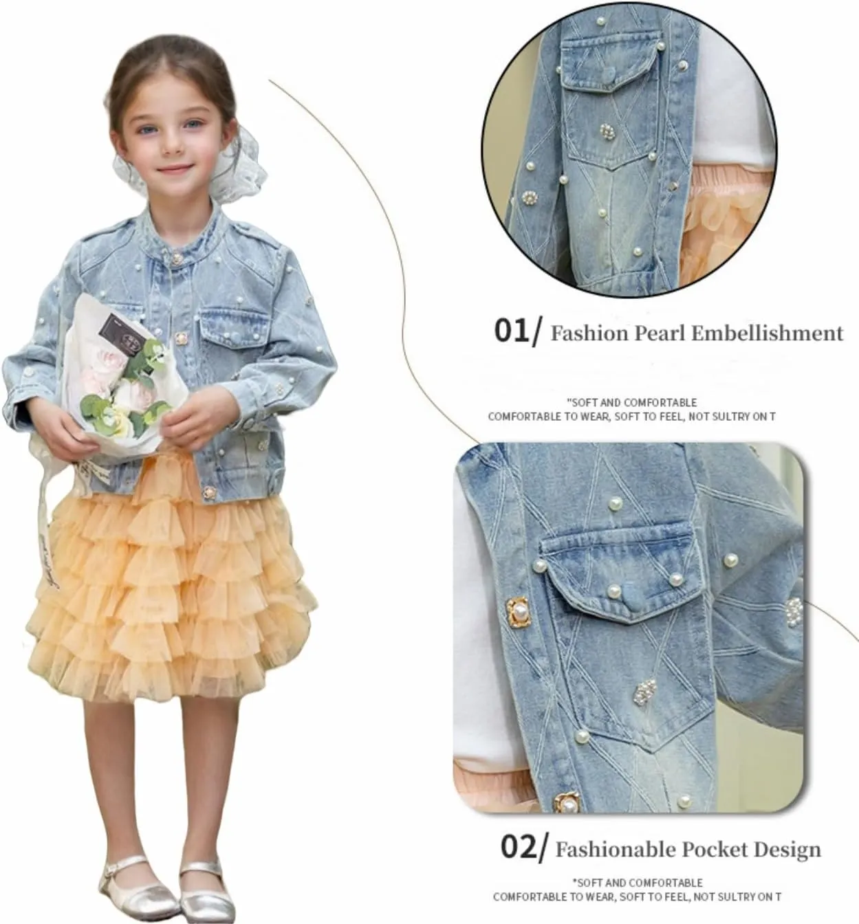 Girls' Classic Pearls Denim Jackets Kids Button Down Jeans Jacket Top Coat Outwear