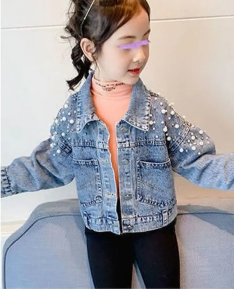 Girls' Classic Pearls Denim Jackets Kids Button Down Jeans Jacket Top Coat Outwear