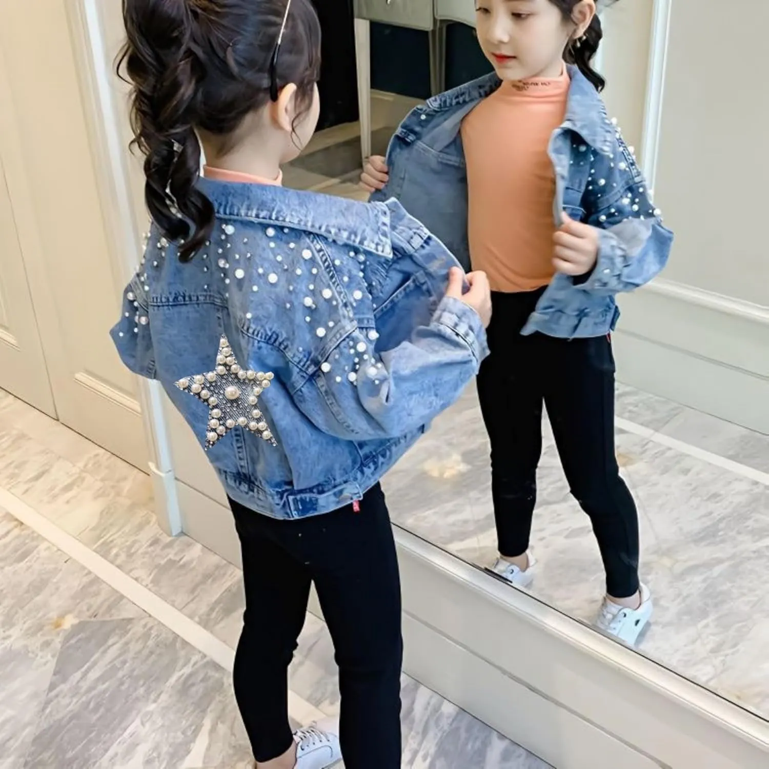 Girls' Classic Pearls Denim Jackets Kids Button Down Jeans Jacket Top Coat Outwear