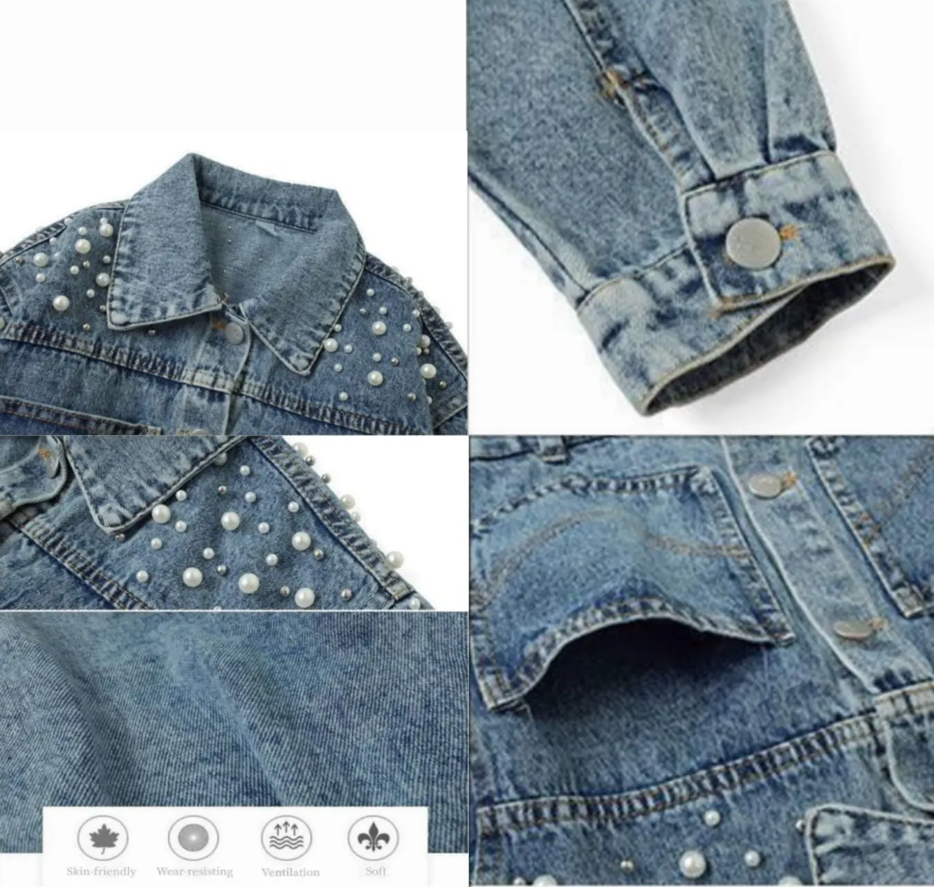 Girls' Classic Pearls Denim Jackets Kids Button Down Jeans Jacket Top Coat Outwear