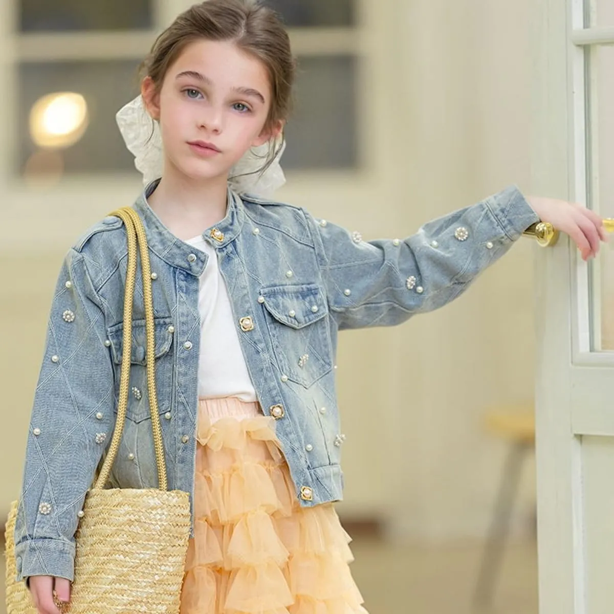 Girls' Classic Pearls Denim Jackets Kids Button Down Jeans Jacket Top Coat Outwear