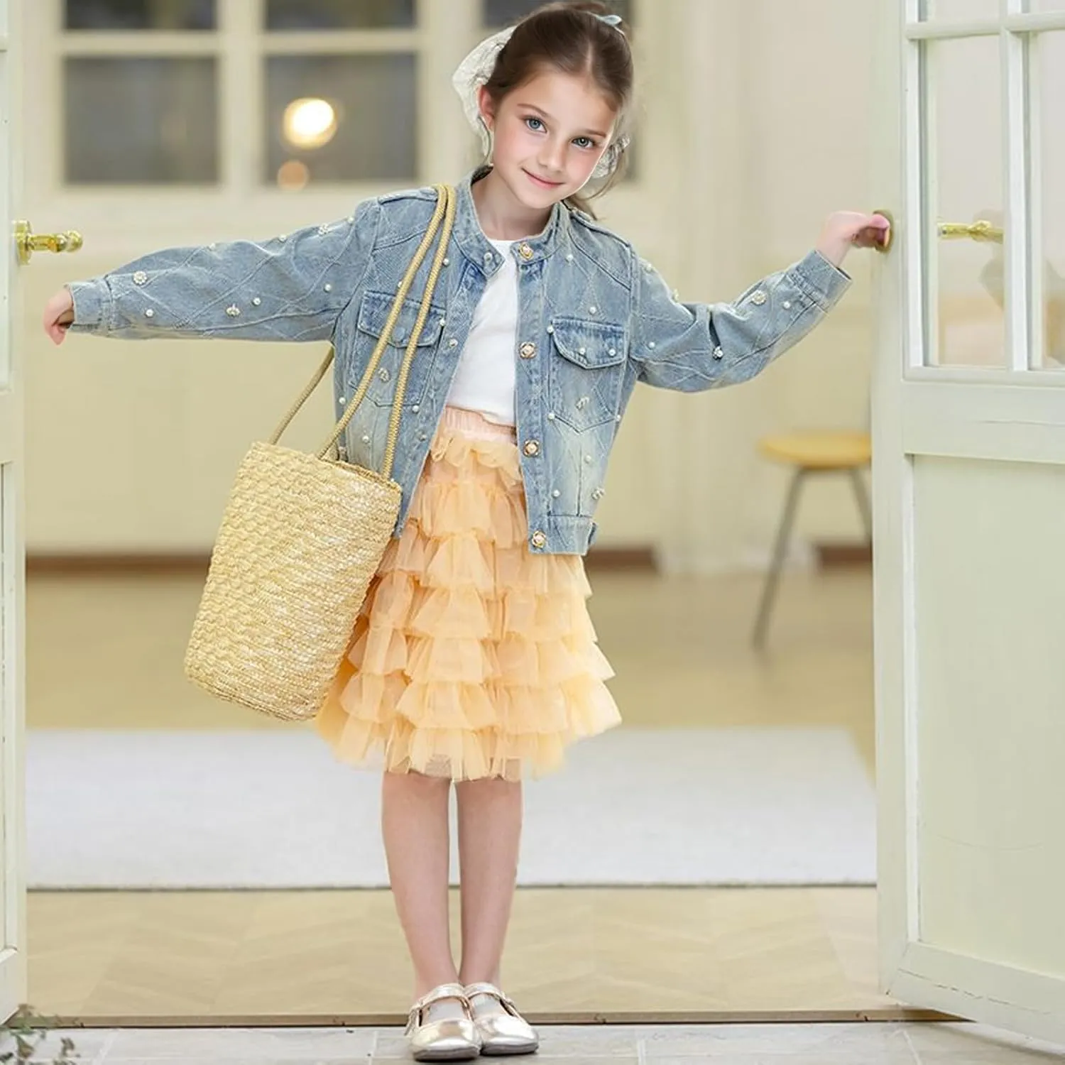 Girls' Classic Pearls Denim Jackets Kids Button Down Jeans Jacket Top Coat Outwear