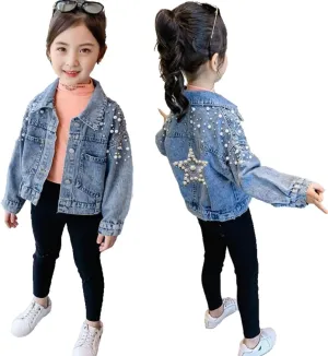 Girls' Classic Pearls Denim Jackets Kids Button Down Jeans Jacket Top Coat Outwear