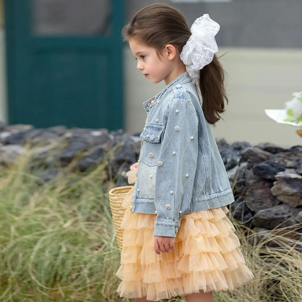 Girls' Classic Pearls Denim Jackets Kids Button Down Jeans Jacket Top Coat Outwear