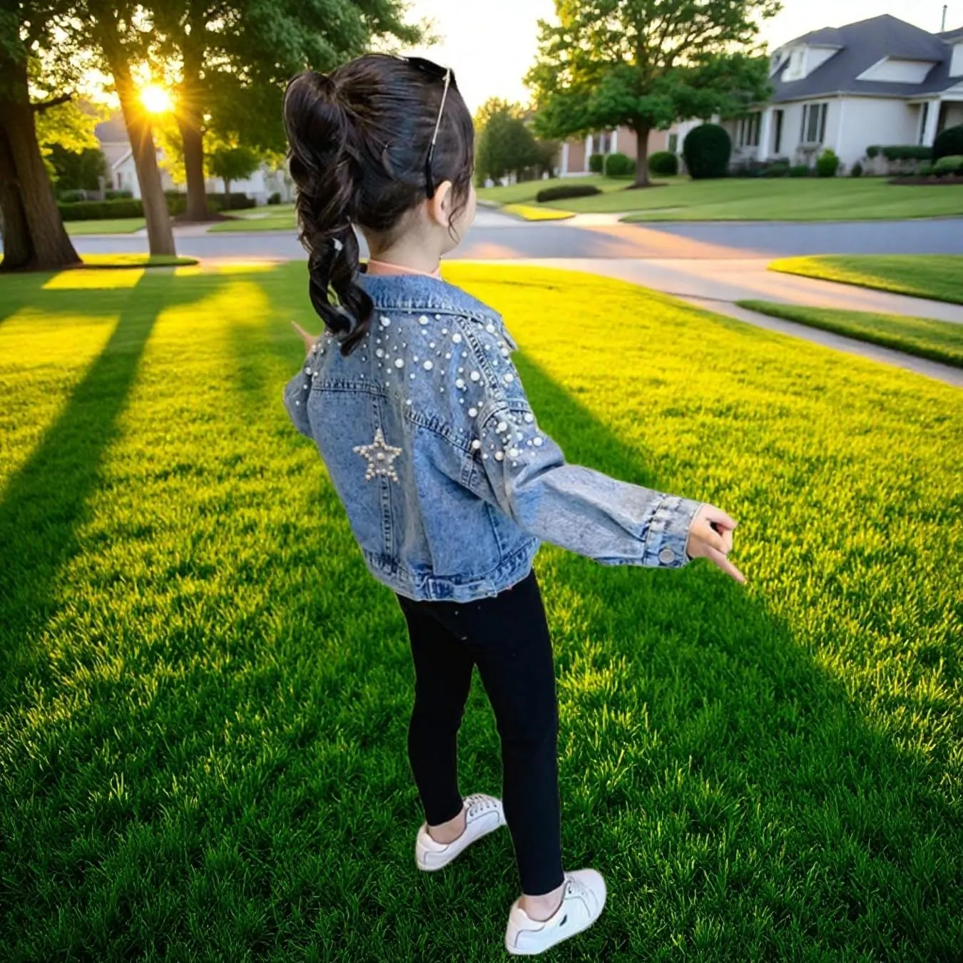 Girls' Classic Pearls Denim Jackets Kids Button Down Jeans Jacket Top Coat Outwear